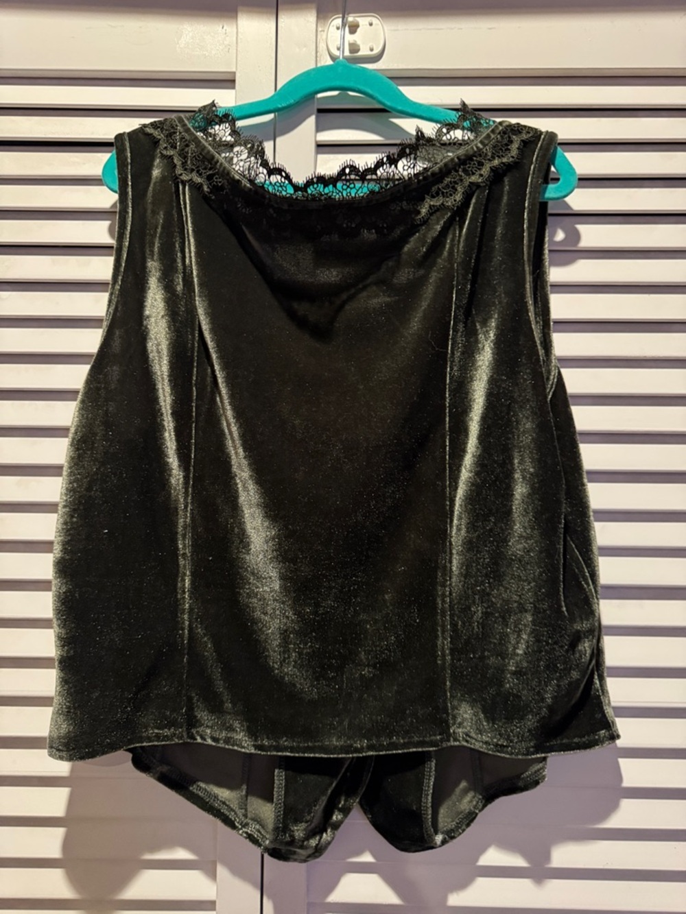 Deep Green Velvet Lace-Trim Button-Front Women's Bodysuit Top - Picture 3 of 4